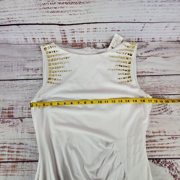 Cache White Ruched Shapely Mini Dress Size 12 Gold Geometric Studs Drape Fit NWT - Picture 11 of 14
